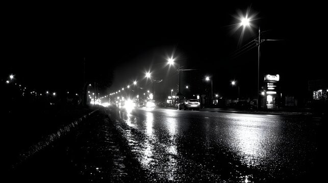 Fototapeta A nighttime street scene, captured in black and white, showcasing the wet pavement reflecting city lights.