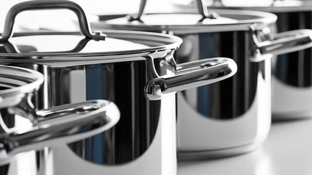 A row of shiny stainless steel pots with reflection.