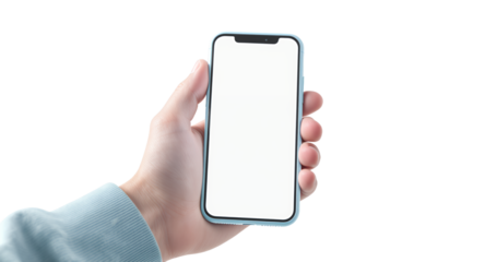 Hand Holding Smartphone with Blank Screen and Abstract 3D Shapes Background