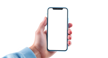 Hand holding smartphone with blank screen and abstract background, mockup for app presentation, website design, mobile technology