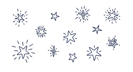 A collection of hand-drawn stars with radiating lines, scattered on a white background.