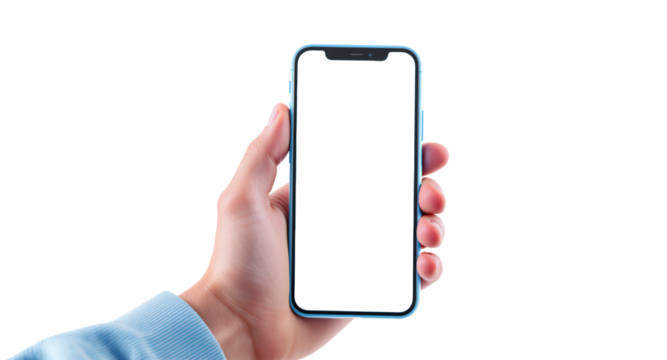 Hand holding smartphone with blank screen and abstract background, mockup for app presentation, website design, mobile technology - Powered by Adobe