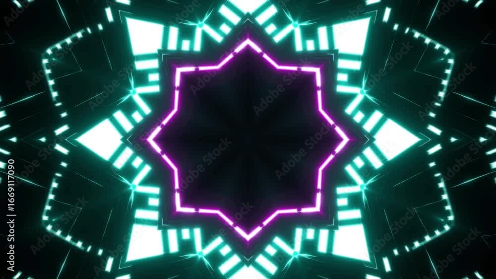 Poster abstract kaleidoscope of glowing purple and teal light patterns loop