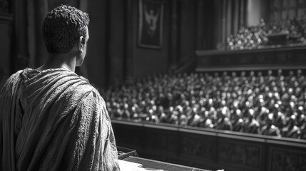 A man in Roman attire addresses a crowd in a classical setting, evoking history and politics.