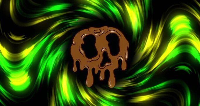 Wisps emerging behind dripping skull at frame 3 intensifying into rotating neon vortex for hypnosis