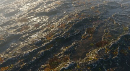 A textured aerial view showcases dark watercovered rocky terrain with yellow and red plant life