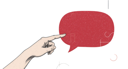 Hand pointing at speech bubble, abstract background, graphic design element, illustration