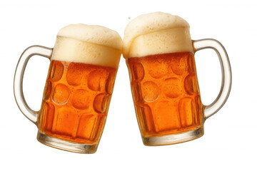 Beer mugs clinking, golden liquid spilling over foamy heads, celebrating friendship and joy against light backdrop
