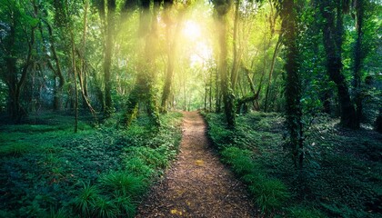 glowing path through enchanted dark green forest