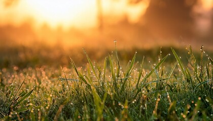 dewdrops on grass at sunrise
