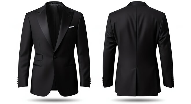 Elegant black tuxedo suit with satin lapels and tailored fit for formal occasions and upscale events showcasing modern design and premium fabric