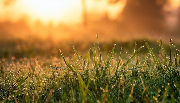 dewdrops on grass at sunrise
