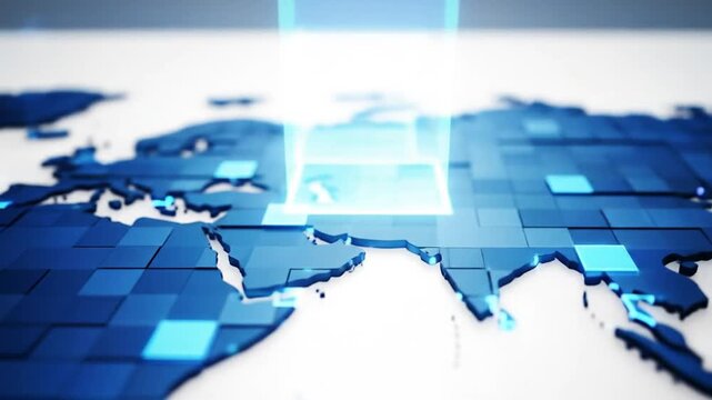 Stylized blue world map composed of pixelated blocks.