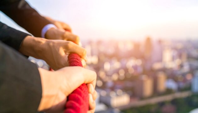 Close-up of diverse hands gripping a red rope, symbolizing teamwork and determination against a blurred cityscape backdrop. - Powered by Adobe