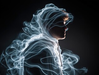 Mysterious man in light trails, dark background.
