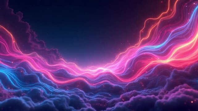 Stunning digital animation of vibrant neon energy waves flowing through cosmic clouds in space