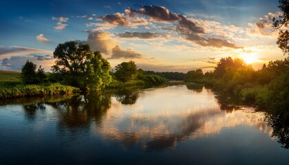 Naklejka premium tranquil riverside landscape in golden light at dusk with soft clouds and reflections on water