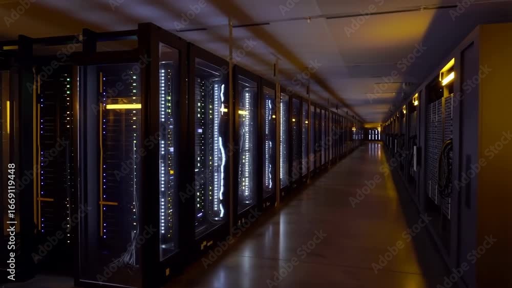 Poster network servers blinking in a modern datacenter corridor