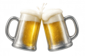 Beer mugs clinking, overflowing with frothy foam, symbolizing festive camaraderie against clear background