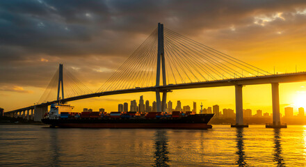 Obraz premium Cargo Ship Passing Under Suspension Bridge