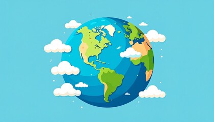 Fototapeta premium A stylized illustration of planet Earth, surrounded by puffy white clouds against a light blue background.