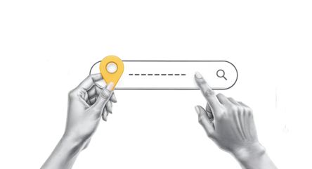 Location Search, GPS Navigation, Online Map Search Bar with Pin Icon and Hands