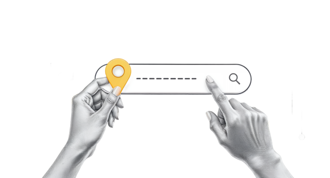 Location Search, GPS Navigation, Online Map Search Bar with Pin Icon and Hands