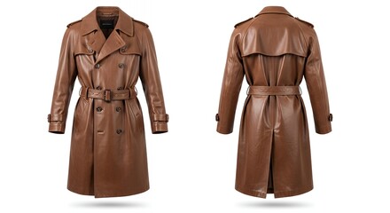 Elegant classic brown leather trench coat with double-breasted buttons and belt stylishly displayed from both front and back angles for fashion and