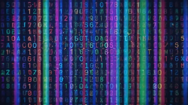Vertical columns of colorful binary code, symbolizing data and digital technology. 4k video