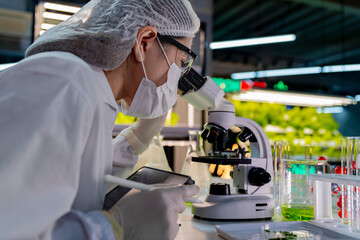 A researcher in a sterile lab conducts a scientific experiment using a microscope and test tubes....
