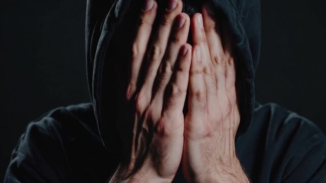 portrait drug addict man dark wearing hooded shirt hiding face hands background black shot indoors full frame dslr camera 
