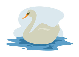 Cute swan swimming on the water. Simple flat illustration.