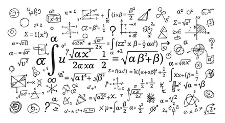 A collage of handwritten mathematical equations, symbols, and geometric diagrams on a white background, representing complex calculations and abstract concepts.
