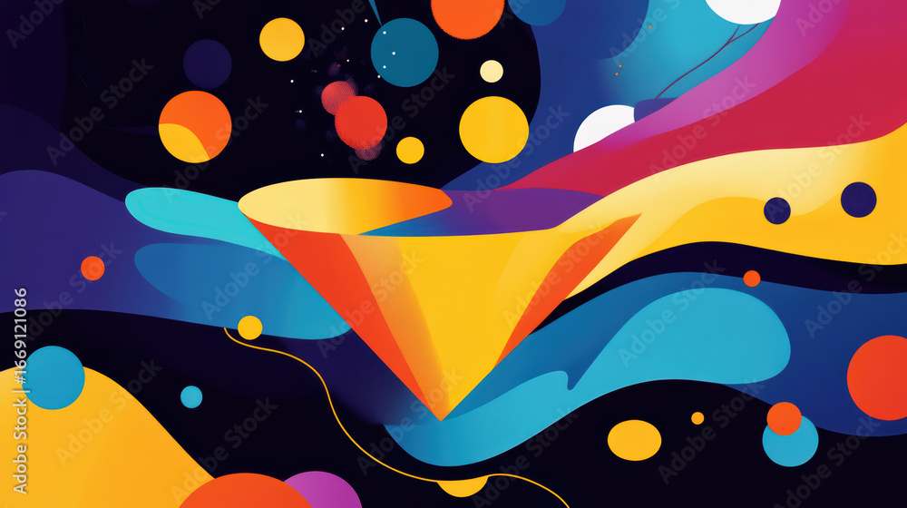 Poster vibrant abstract design featuring innovation funnel surrounded by colorful circles and flowing shape