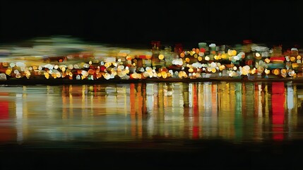 Obraz premium A vibrant cityscape reflected in a still body of water at night, showcasing a dynamic interplay of colors and light.