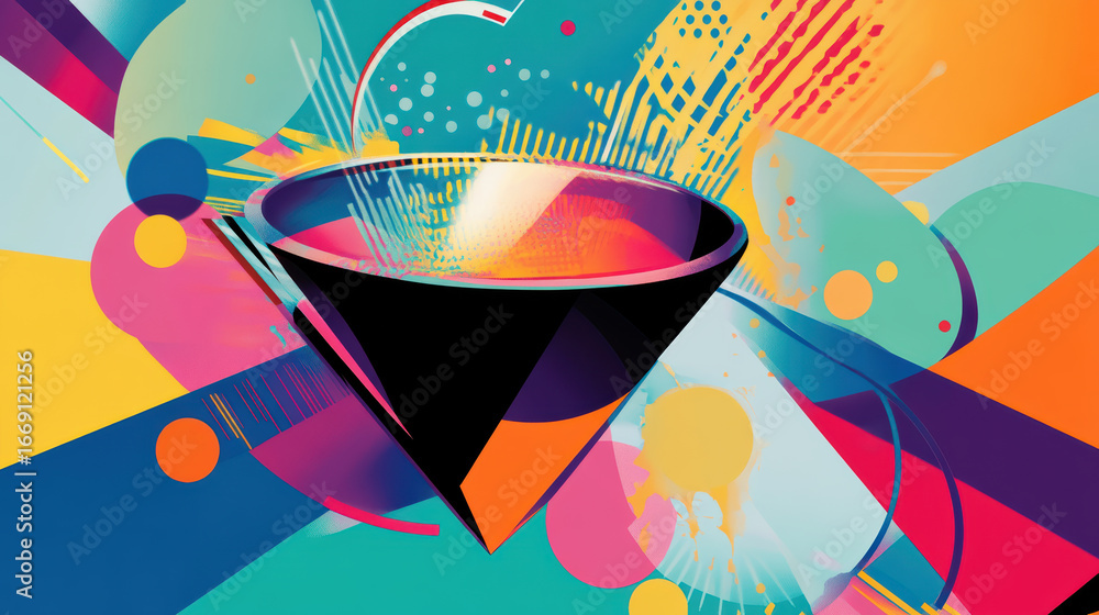 Poster vibrant abstract design featuring innovation funnel with colorful geometric shapes and dynamic patte