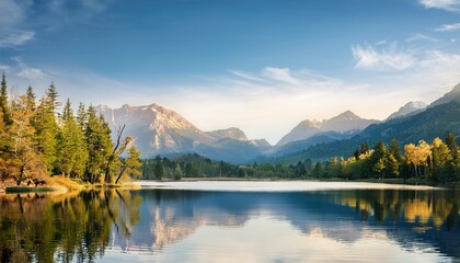 serene landscape painting of lake with trees and mountains