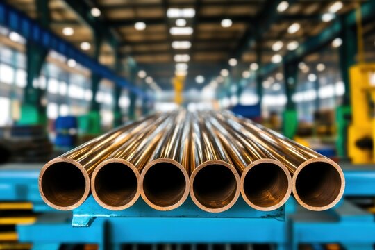 Gleaming Copper Pipes in Industrial Setting, Perspective View, Metallic Shine.