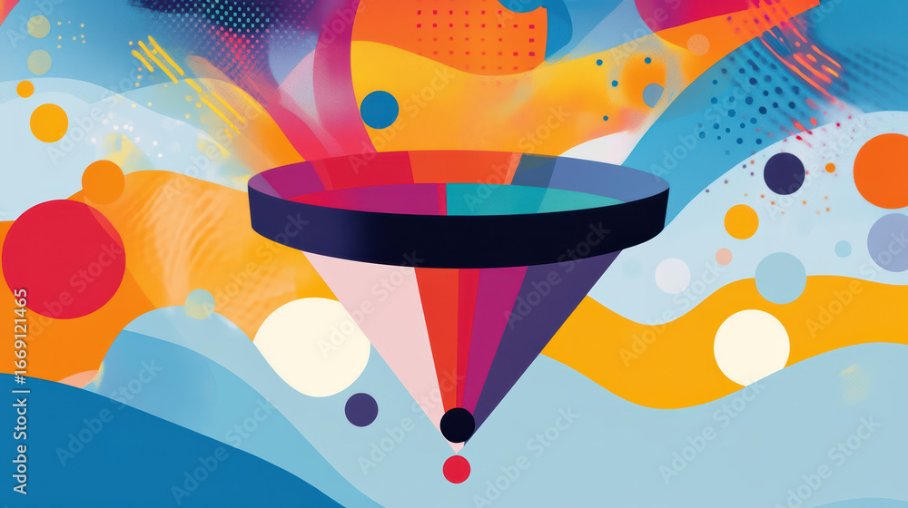 Poster vibrant abstract illustration of idea generation funnel surrounded by colorful shapes and patterns, 