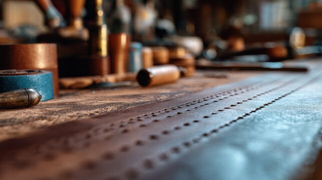 Detail view of embossed leather strips on a saddlemaking bench showcasing precision tooling on the grain with blurred background tools and workspace creating artistic depth.