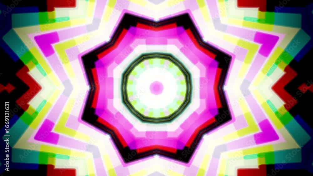 Poster dynamic symmetrical kaleidoscope pattern with vibrant colors and shifting shapes loop