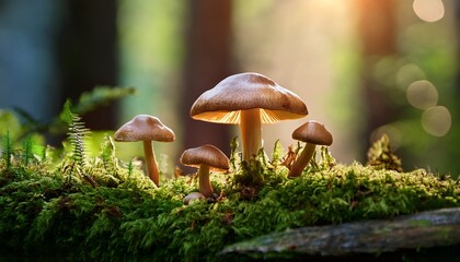 Fototapeta premium wild mushrooms thrive on moss in a tranquil forest setting