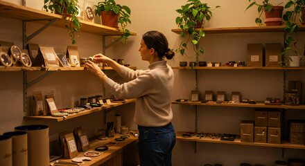 Female Artisan Owner Organizing Handmade Products – Craft Shop Concept