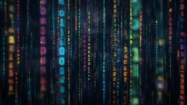 Vertical columns of colorful binary code, symbolizing data and digital technology. 4k video