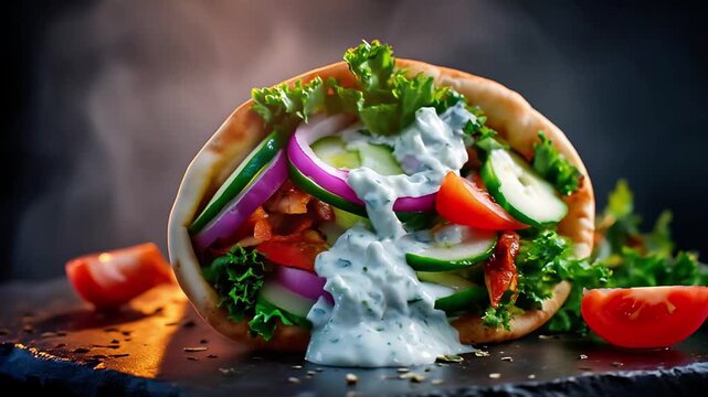 Gyro wrap dripping with tzatziki sauce and fresh vegetables. Arc slow motion. 4K.
