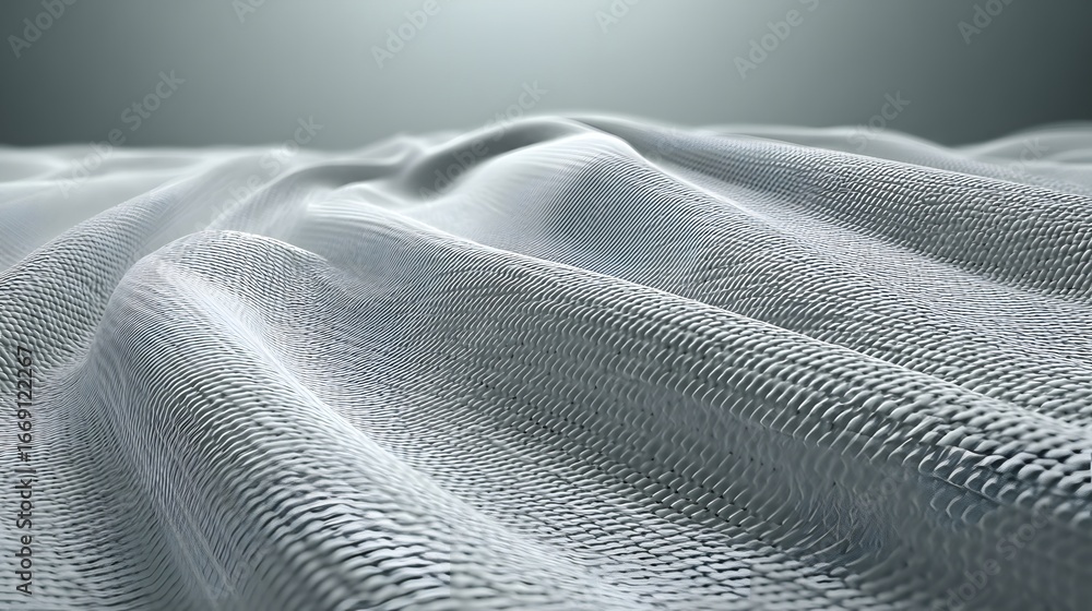 Poster abstract rendering of undulating, textured fabric in light gray tones.