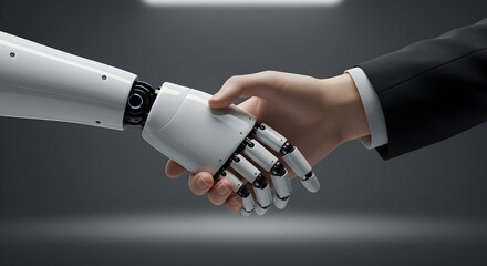 A conceptual image of artificial intelligence and human collaboration, showing a robotic hand shaking hands with a human hand, captured close-up with soft glowing light.