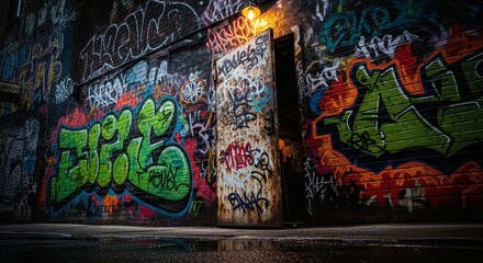 Obraz premium Graffiti-covered brick walls surround an ajar metal door under a single light, creating an urban and gritty aesthetic.