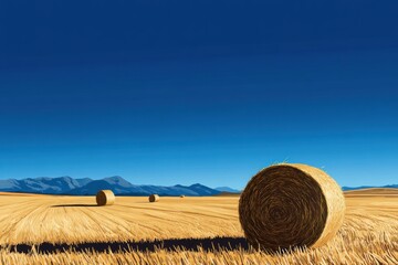 Golden Hay Bales in a Field Under a Deep Blue Sky with Distant Mountains