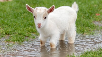 Fototapeta premium A small, fluffy white kid goat stands in a shallow puddle, surrounded by green grass.